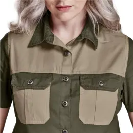 Ladies Short Sleeve Serengeti 2-Tone Bush Shirt Military Green Close Up